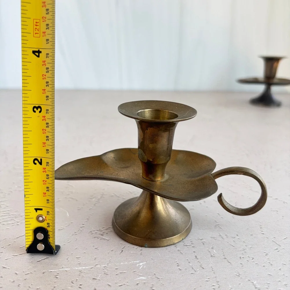 Vintage Brass Leaf Chamberstick Candle Holder Pair with Finger Loop Handle